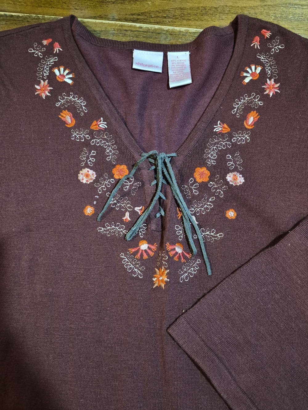 Xhilaration Burgundy Embroidered Lace Up Knit Sweater Top Size L